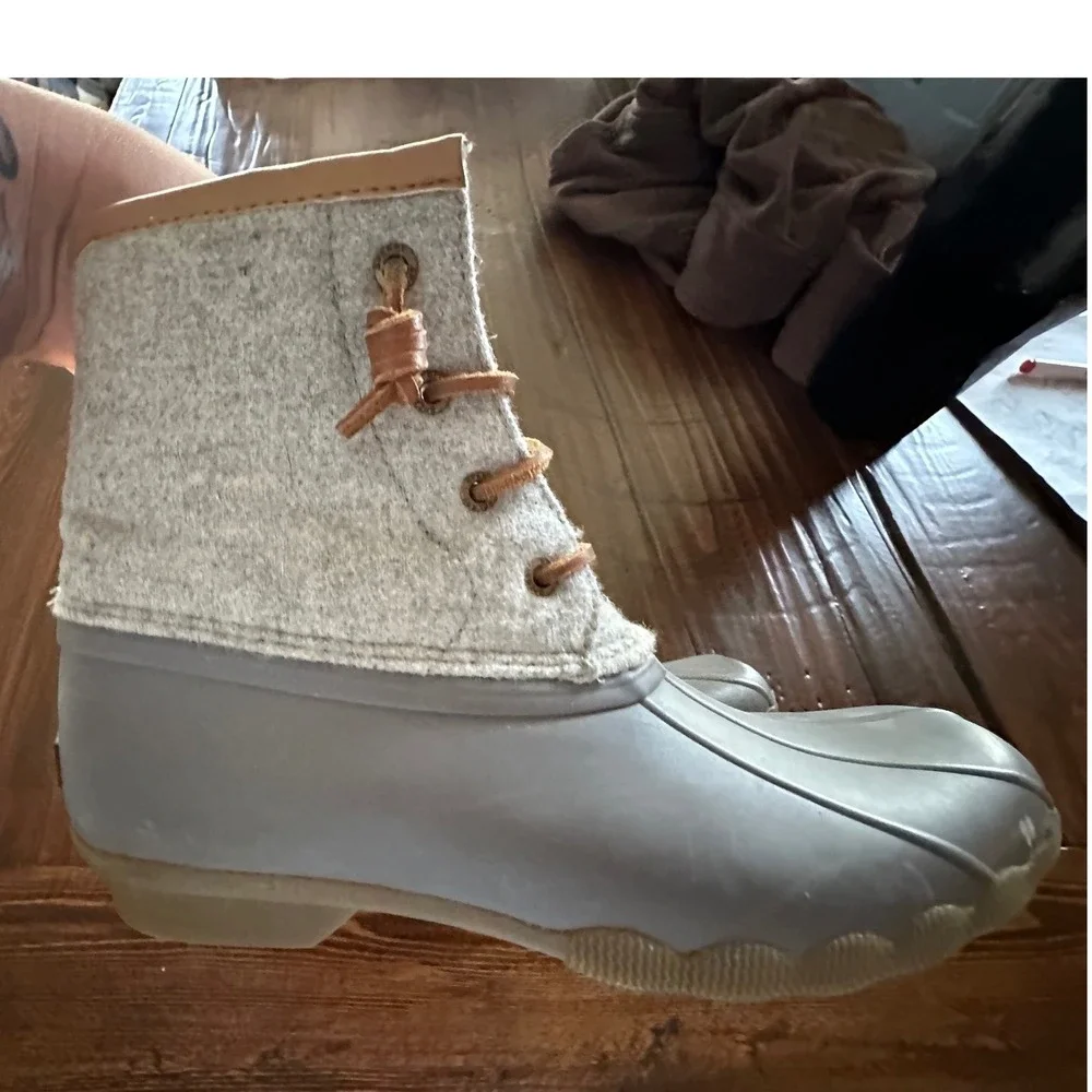Sperry Saltwater Duck Boots Girls 5M Grey Wool Rubber Shell Rain Boot G20-61911